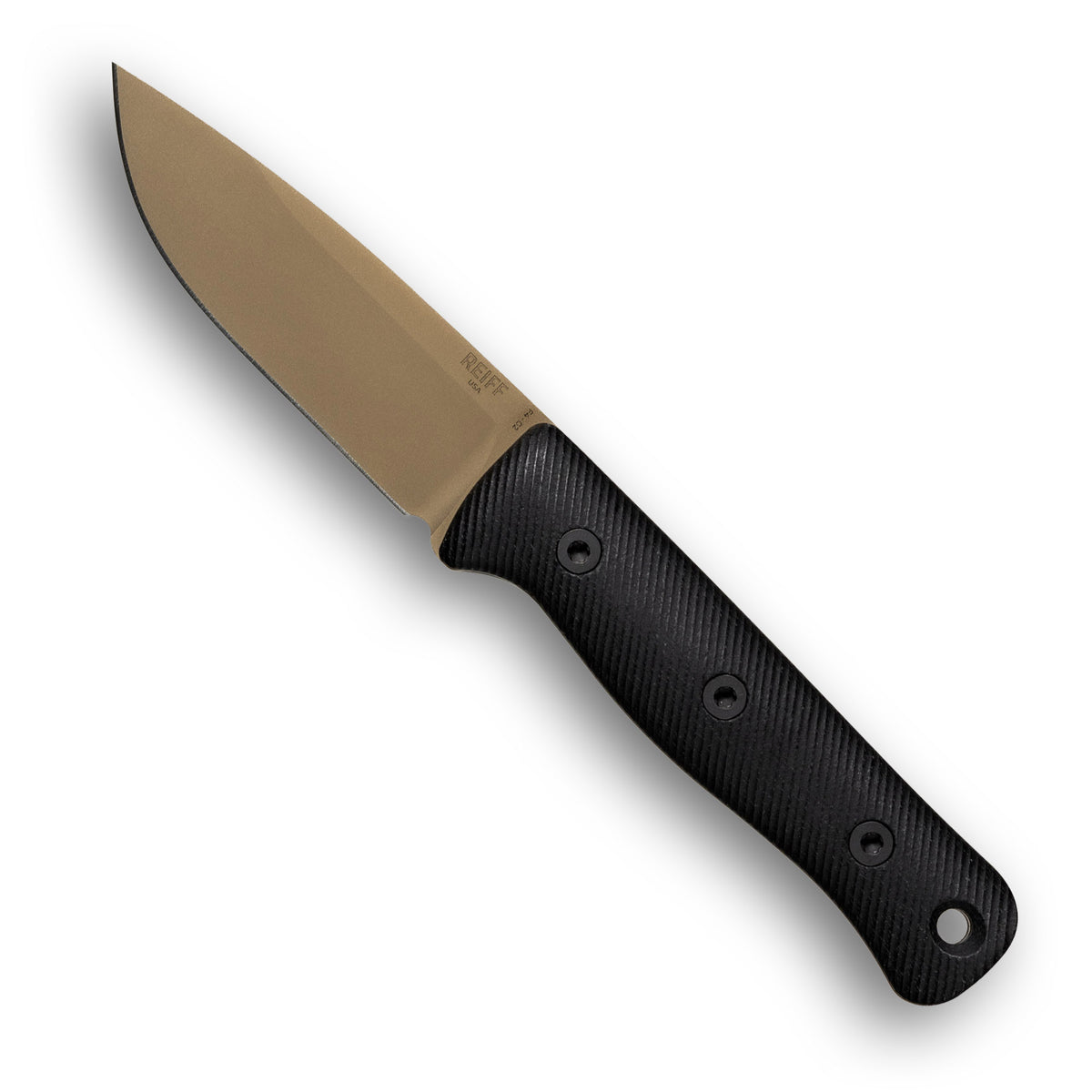 F4 GEN2 Bushcraft Survival Knife (CPM 3V, FDE PVD, Black Canvas Micarta)