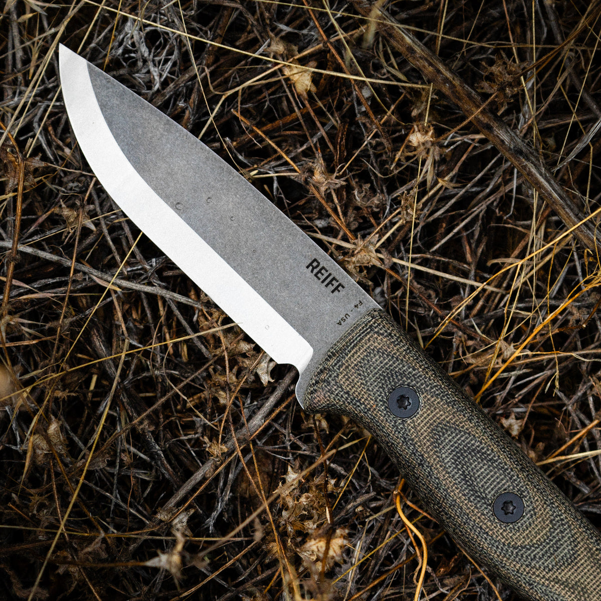 F4 Scandi Bushcraft Knife (Acid Stonewashed CPM 3V, Green and Black Layered Canvas Micarta)