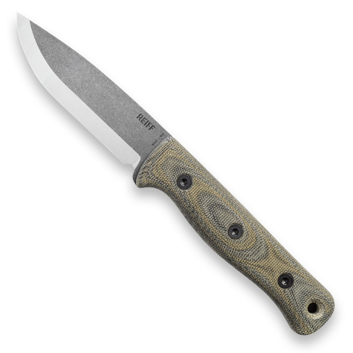 F4 Scandi Bushcraft Knife (Acid Stonewashed CPM 3V, Green and Black Layered Canvas Micarta)