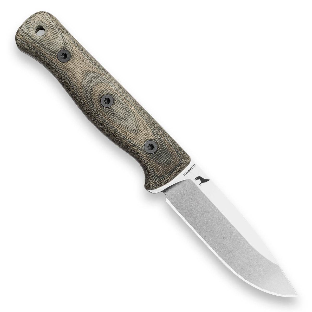 F4 Bushcraft Survival Knife (Polished Stonewash MagnaCut, Green and Black Layered Canvas Micarta)